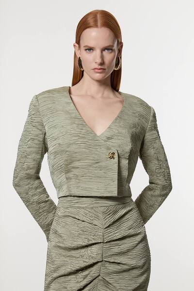  Karenmillen Crinkle Satin Button Front Cropped Tailored Jacket, Sage 