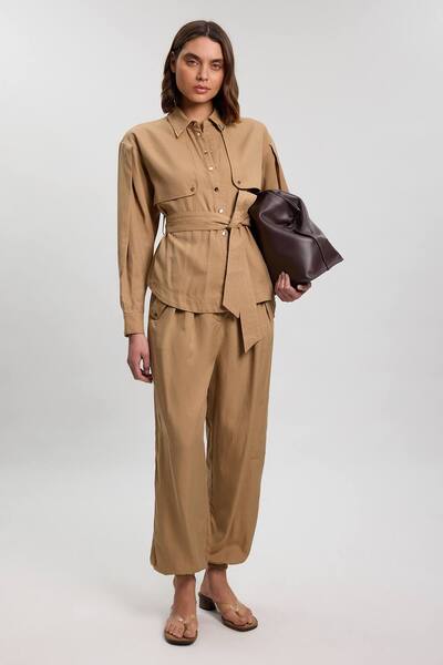  Karenmillen Cupro Utility Twill Woven Shirt, Tan 