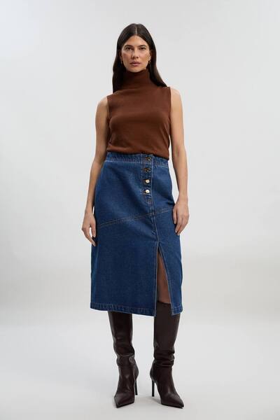  Karenmillen Denim Asymmetric Button Front A Line Skirt, Mid Blue 