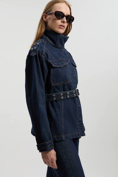  Karenmillen Denim Belted Safari Jacket, Dark Blue 