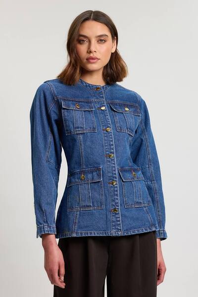 Karenmillen Denim Button Though Rounded Sleeve Jacket, Indigo 
