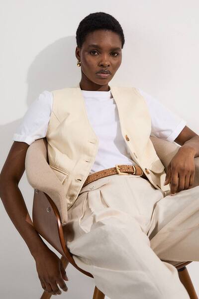  Karenmillen Denim Button Through Waistcoat, Cream 