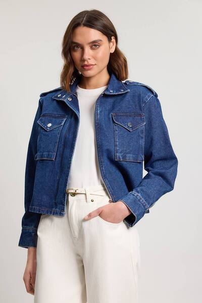  Karenmillen Denim Cropped Side Panel Jacket, Indigo 
