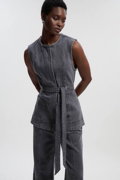  Karenmillen Denim Sleeveless Belted Jacket, Mid Grey 