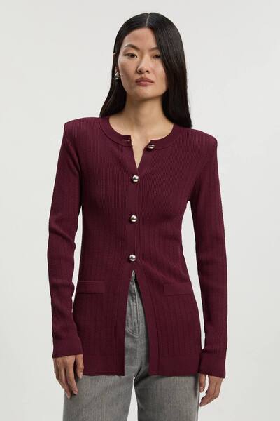  Karenmillen Dome Button Longline Knitted Cardi, Burgundy 