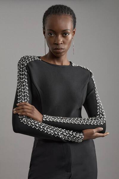  Karenmillen Figure Form Bandage Knit Embellished Top, Black 