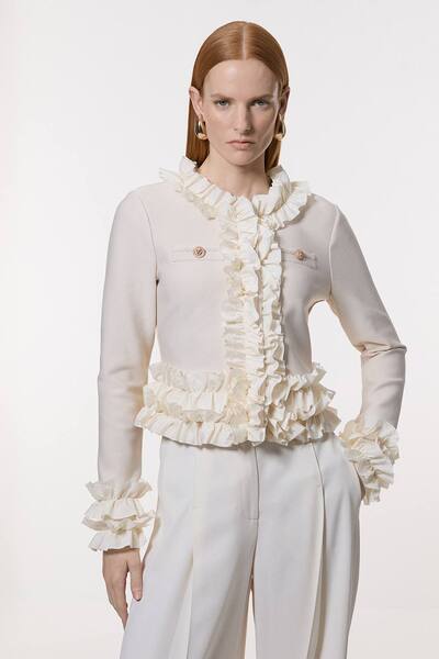  Karenmillen Figure Form Bandage Knit Jacket With Woven Ruffle Trim, Neutral 