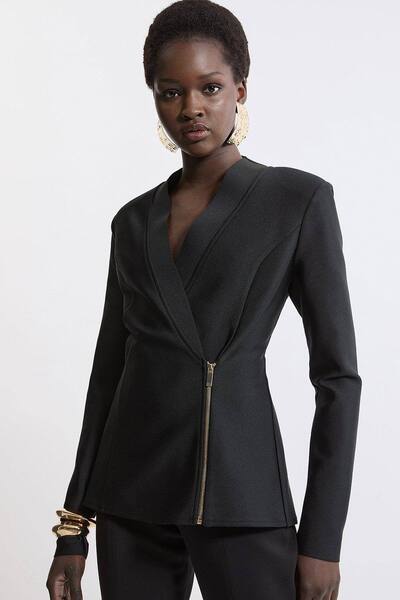  Karenmillen Figure Form Bandage Knit Side Zip Longline Jacket, Black 