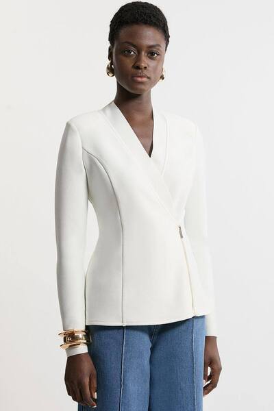  Karenmillen Figure Form Bandage Knit Side Zip Longline Jacket, Ivory 