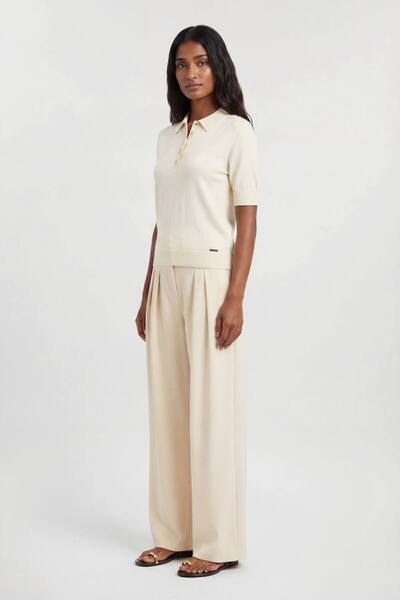  Karenmillen Forever Viscose Blend Collared Polo Top, Ivory 