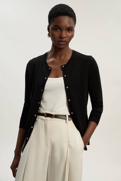  Karenmillen Forever Viscose Blend Popper Knitted Cardigan Sweater, Black 