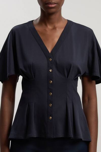  Karenmillen Jersey V Neck Button Detail T - Shirt, Navy 