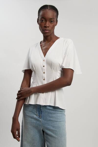  Karenmillen Jersey V Neck Button Detail T - Shirt, White 