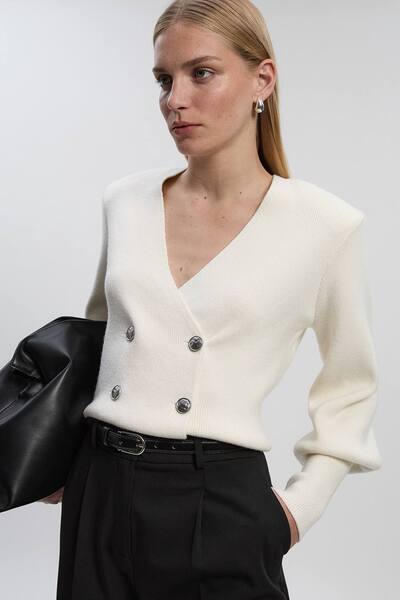  Karenmillen Knitted Double Breasted Jacket, Ivory 