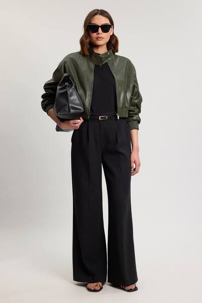  Karenmillen Leather Bomber Jacket, Green 