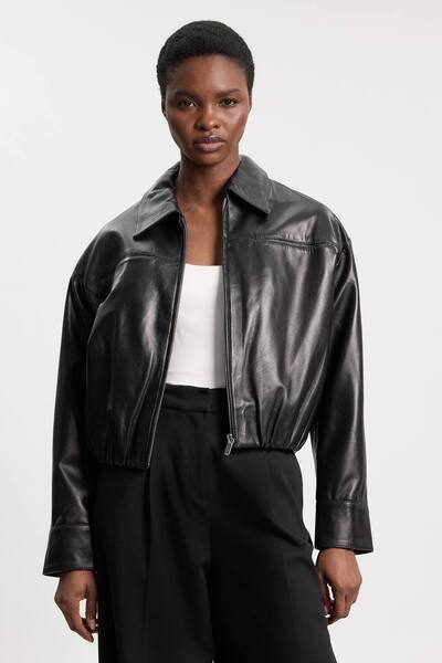  Karenmillen Leather Collared Bomber Jacket, Black 
