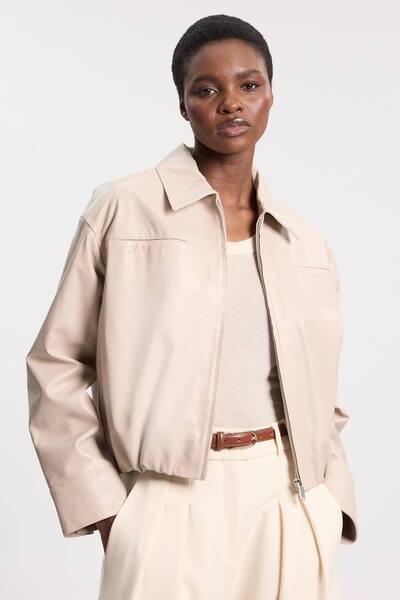  Karenmillen Leather Collared Bomber Jacket, Cream 