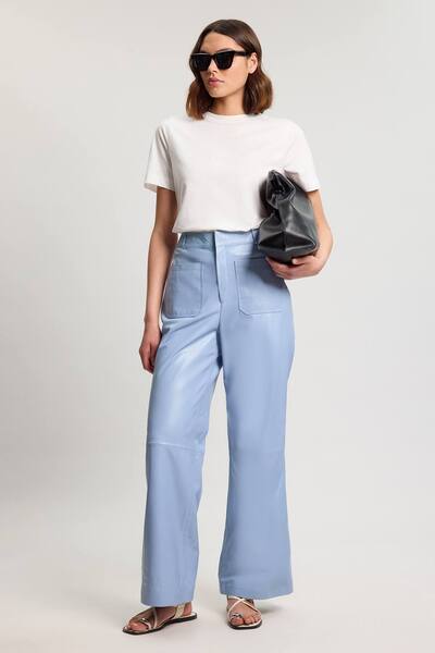  Karenmillen Leather Straight Leg Trouser, Pale Blue 