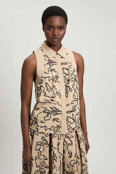  Karenmillen Linen Matte Sequin Collared Top, Oatmeal 