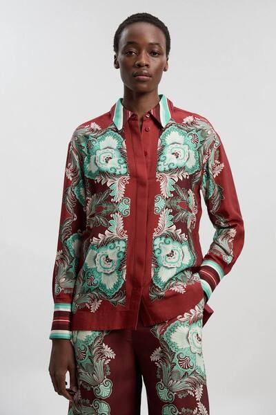  Karenmillen Mirrored Viscose Linen Print Woven Shirt, Rust 