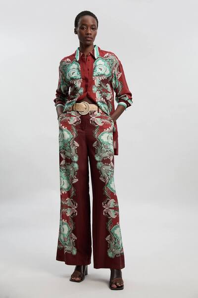  Karenmillen Mirrored Viscose Linen Print Woven Wide Leg Trouser, Rust 