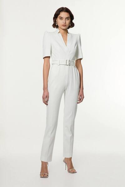  Karenmillen Petite Structured Crepe Forever Belted Jumpsuit, Ivory 