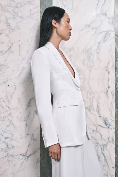  Karenmillen Petite Structured Satin Tailored Blazer, Ivory 