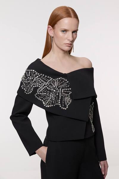  Karenmillen Placed Floral Crystal Embellished Tailored Asymmetric Jacket, Black 