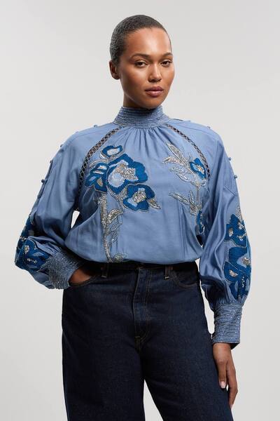  Karenmillen Plus Size Balloon Sleeve Embroidered And Beaded Woven Blouse, Blue 