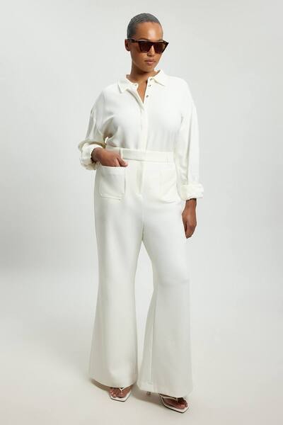  Karenmillen Plus Size Compact Stretch Pocket Straight Leg Trousers, Ivory 