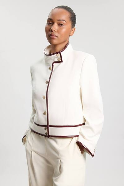  Karenmillen Plus Size Compact Stretch Pu Mix Tailored Belted Jacket, Ivory 