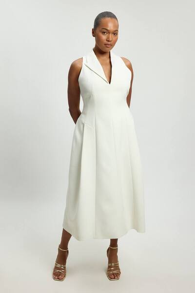  Karenmillen Plus Size Compact Stretch Seam Detail Tailored Full Skirted Midi Dress, Ivory 