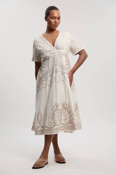  Karenmillen Plus Size Cotton Linen Cornelli Embroidery Open Back Woven Midi Dress, Ivory 