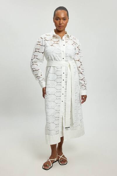 Karenmillen Plus Size Cutwork Cotton Collared Woven Shirt Dress, Ivory 
