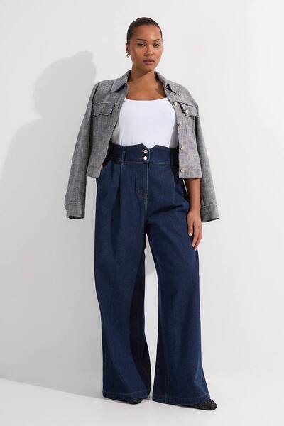  Karenmillen Plus Size Denim Wide Leg Trousers, Indigo 