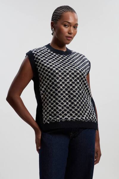  Karenmillen Plus Size Embellished Cosy Knit Tank Top, Navy 