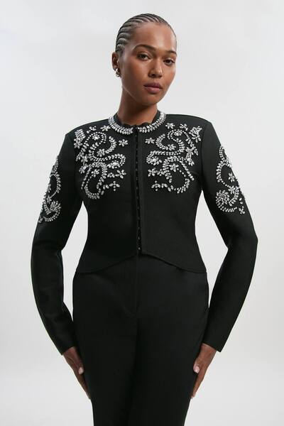  Karenmillen Plus Size Figure Form Bandage Embellished Knit Jacket, Black 