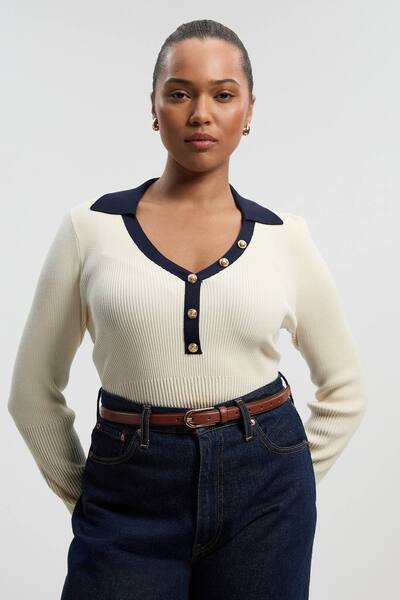  Karenmillen Plus Size Knit Rib With Contrast Hem Detail Collared Top, Ivory 