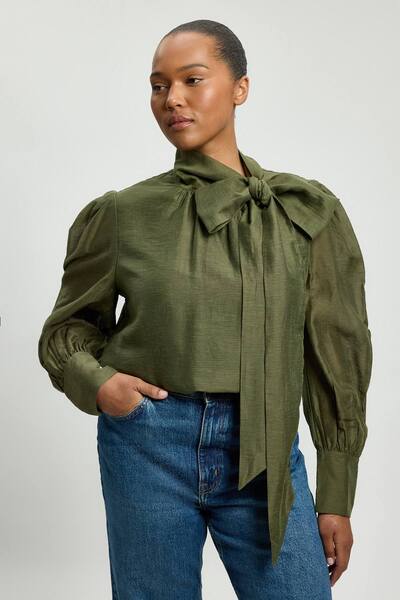 Karenmillen Plus Size Organdie Woven Pussybow Blouse, Khaki 