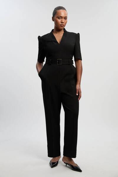  Karenmillen Plus Size Structured Crepe Forever Belted Jumpsuit, Black 