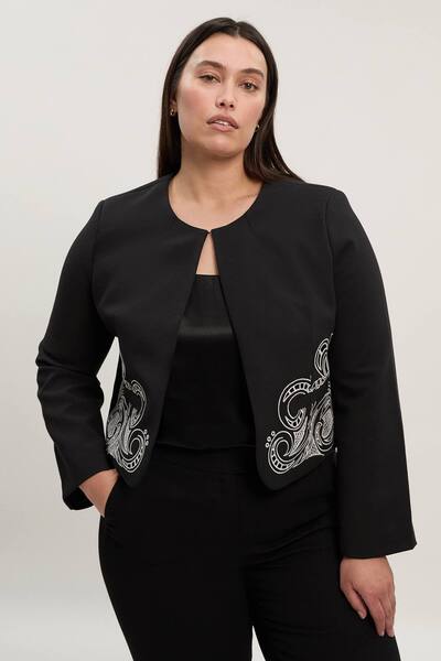  Karenmillen Plus Size Tailored Cutwork Detail Collarless Jacket, Black 