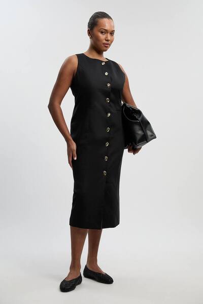  Karenmillen Plus Size Tailored Linen Statement Button Front Pencil Midi Dress, Black 
