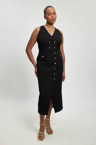  Karenmillen Plus Size Textured Compact Stretch V Neck Button Detail Midi Dress, Black 