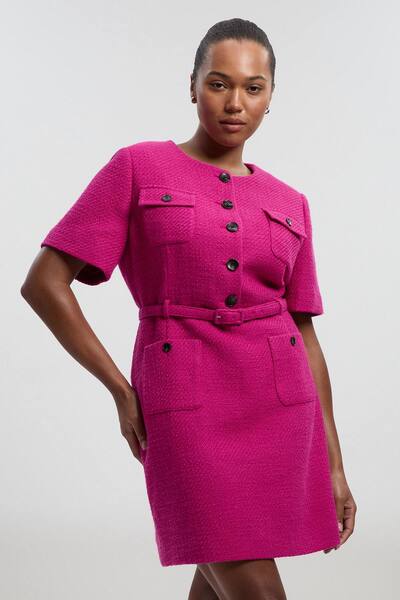  Karenmillen Plus Size Textured Tweed Belted Tailored Mini Dress, Fuchsia 