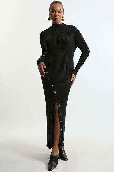  Karenmillen Plus Size Viscose Blend Popper Detail Split Knit Midi Dress, Black 