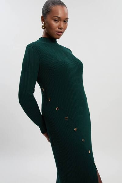  Karenmillen Plus Size Viscose Blend Popper Detail Split Knit Midi Dress, Forest 