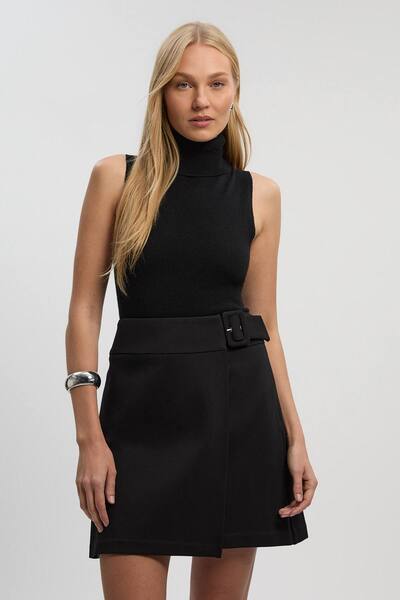  Karenmillen Ponte Pleat Wrap Mini Skirt, Black 