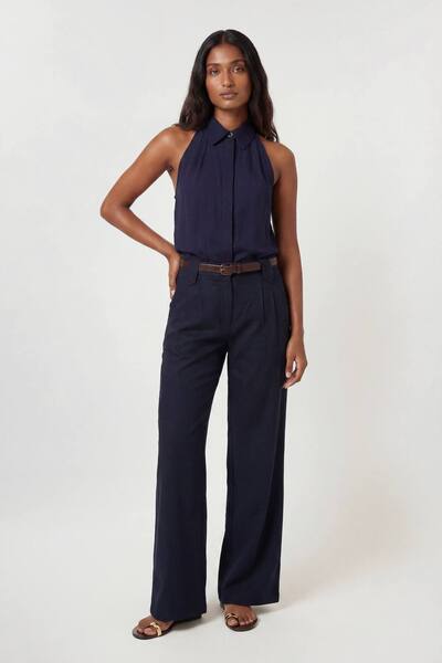  Karenmillen Premium Linen Viscose Halter Collared Woven Shirt, Navy 