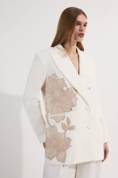 Karenmillen Premium Summer Embellished Applique Tailored Jacket, Stone 
