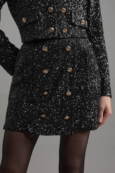  Karenmillen Sequin Tailored Wrap Over Mini Skirt, Black 